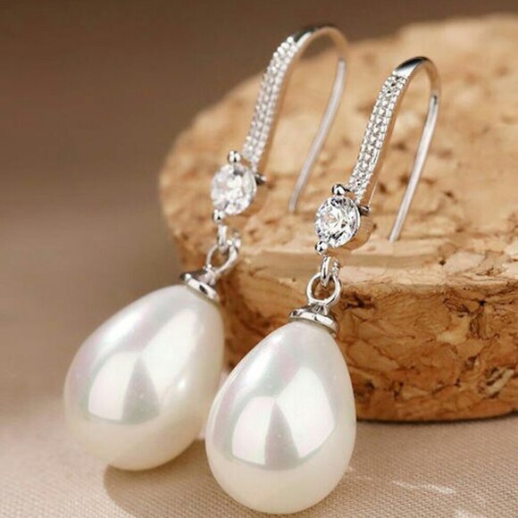 925 Silver Plated Tear Drop Pearl Wedding Earrings, FB16FA1074 - Picture 2 of 3